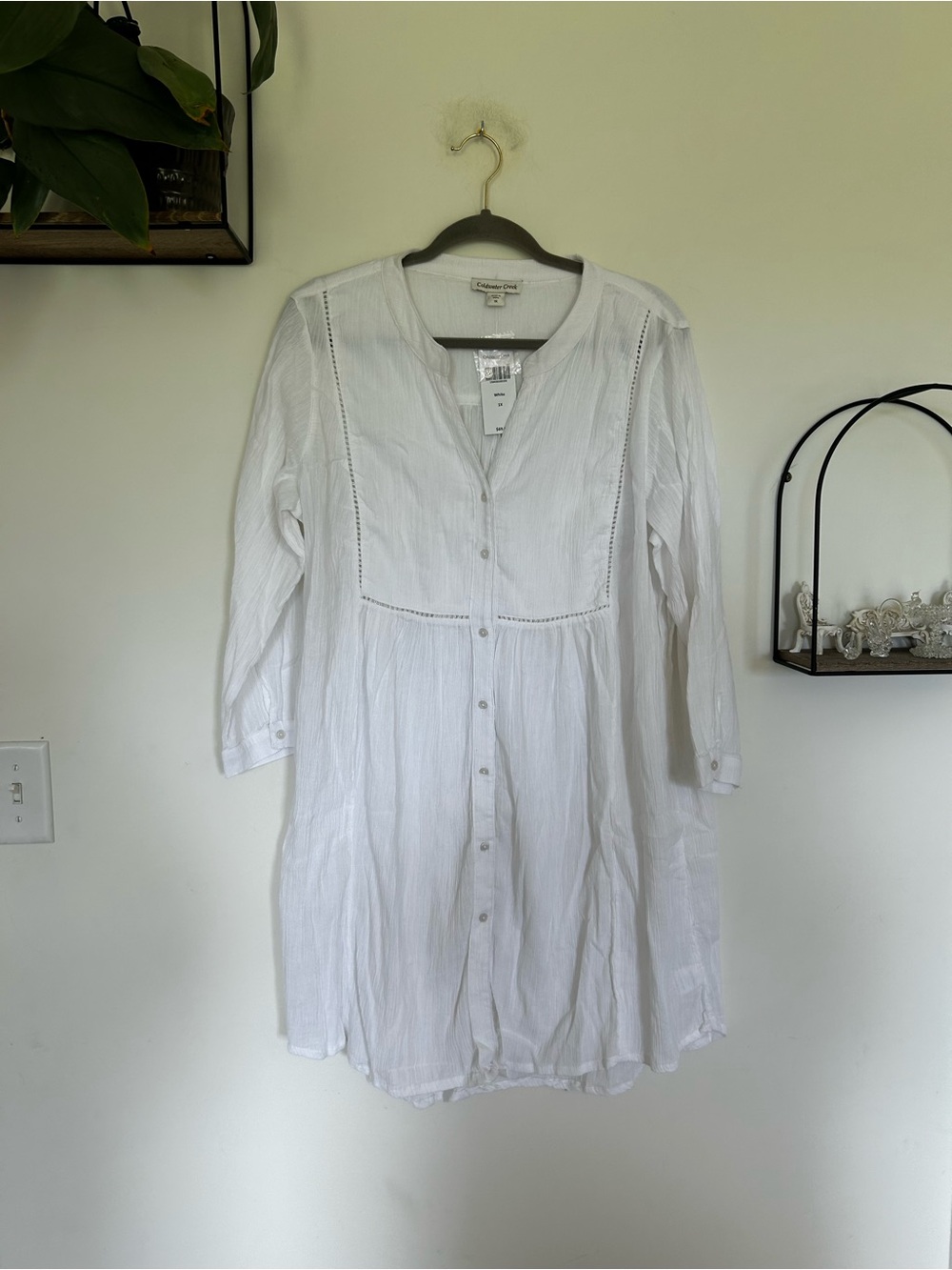 NWT Coldwater Creek 100% Cotton White Gauzy Button Up Long Sleeve Mini Dress 1X